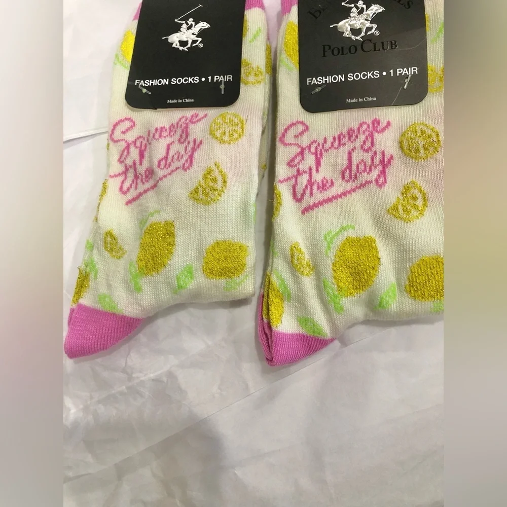 2pairs lemon print squeeze the day‎ cream & pink printed socks